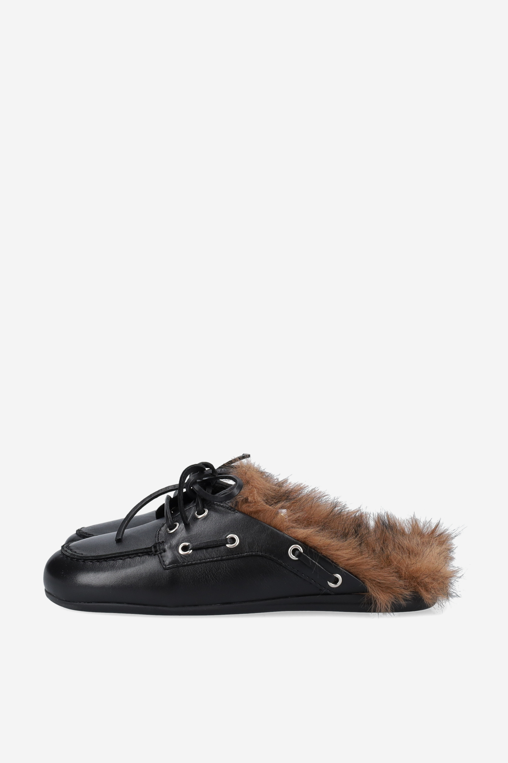Fur hairy leather boat loafer mules