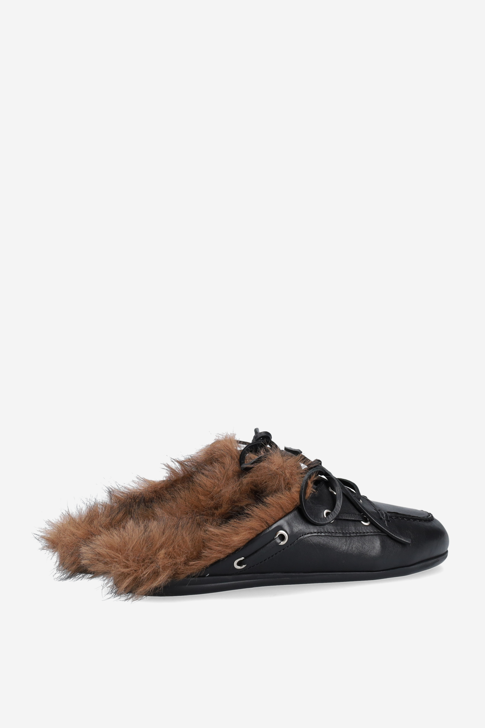 Fur hairy leather boat loafer mules