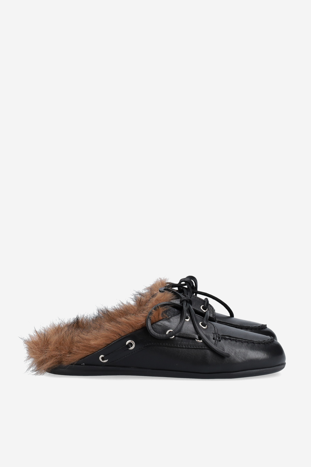 Fur hairy leather boat loafer mules