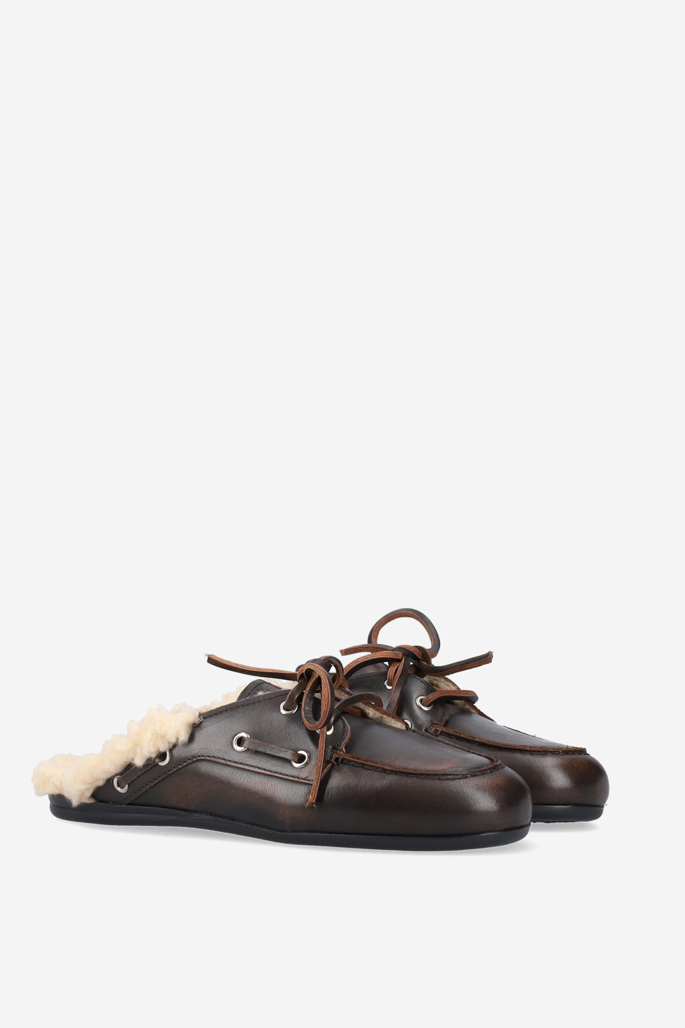 Fur leather boat loafer mules