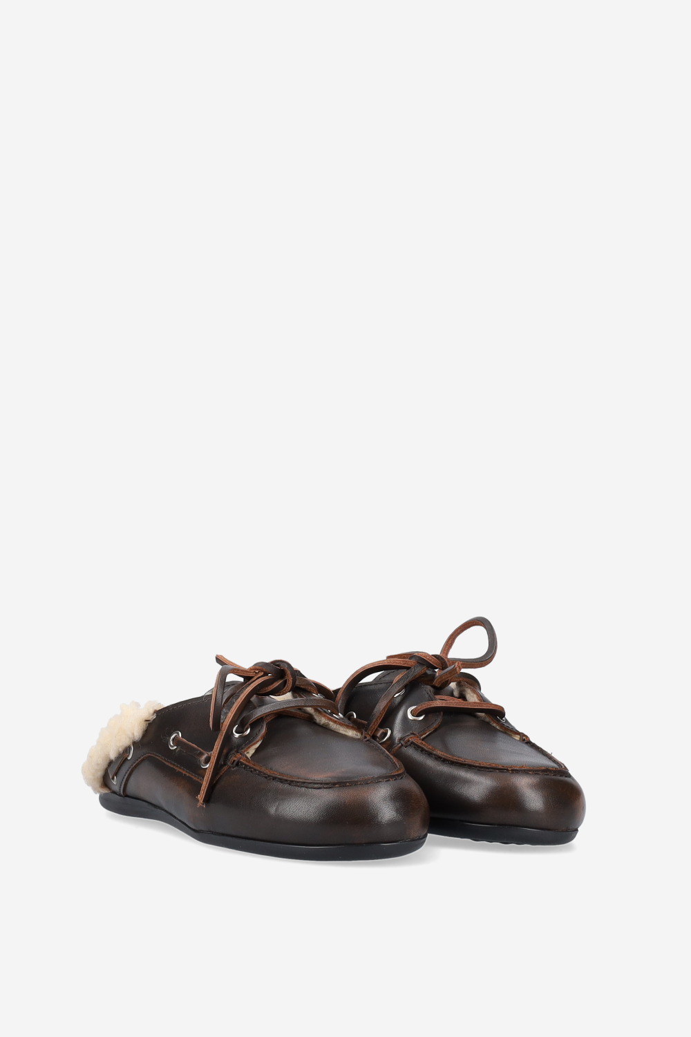 Fur leather boat loafer mules