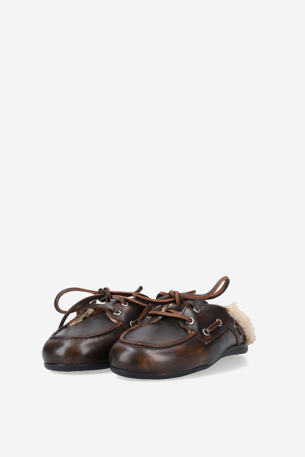 Fur leather boat loafer mules