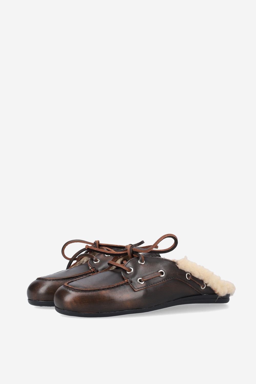 Fur leather boat loafer mules