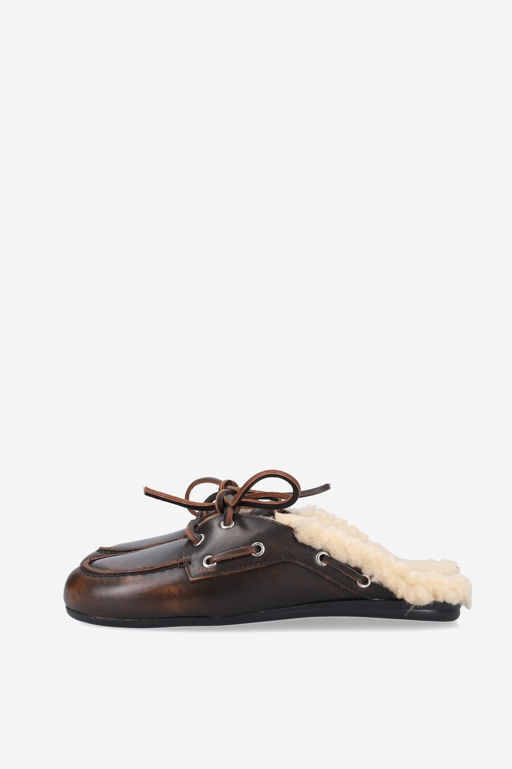 Fur leather boat loafer mules