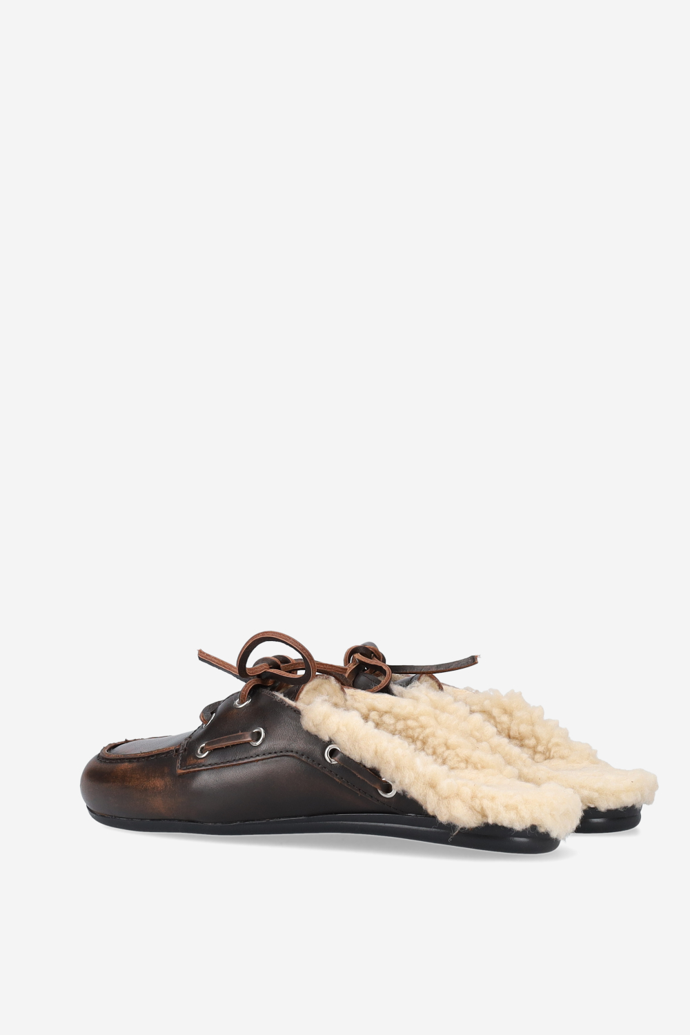 Fur leather boat loafer mules