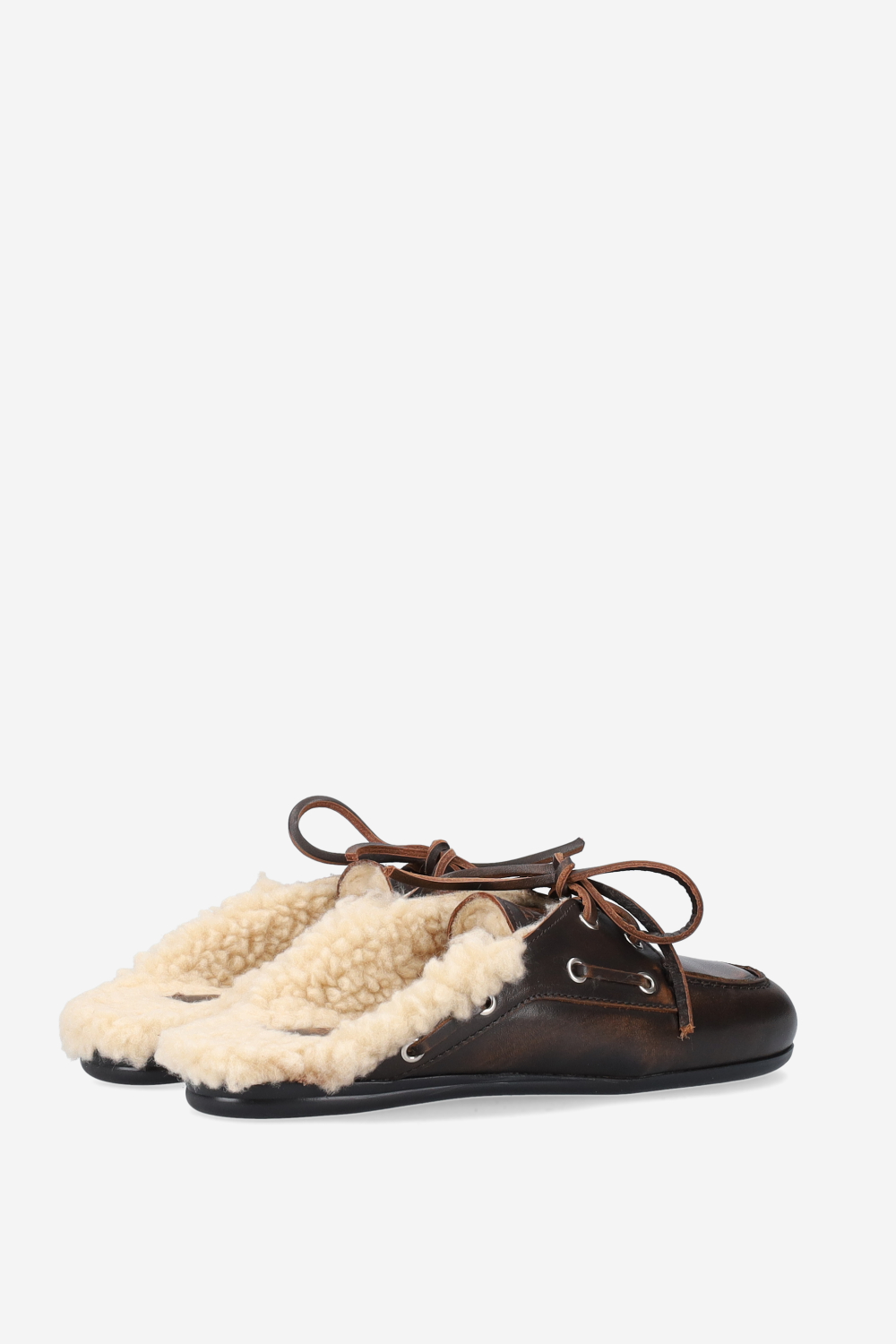 Fur leather boat loafer mules