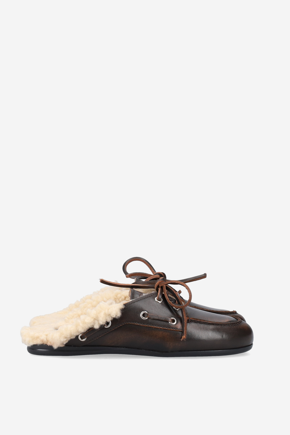 Fur leather boat loafer mules