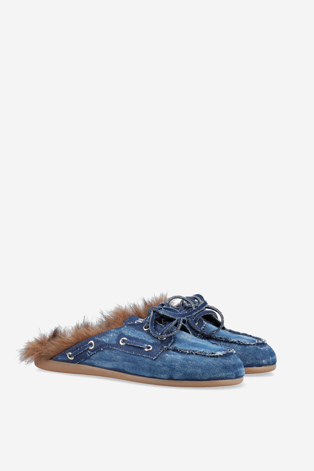 Fur hairy denim boat loafer mules