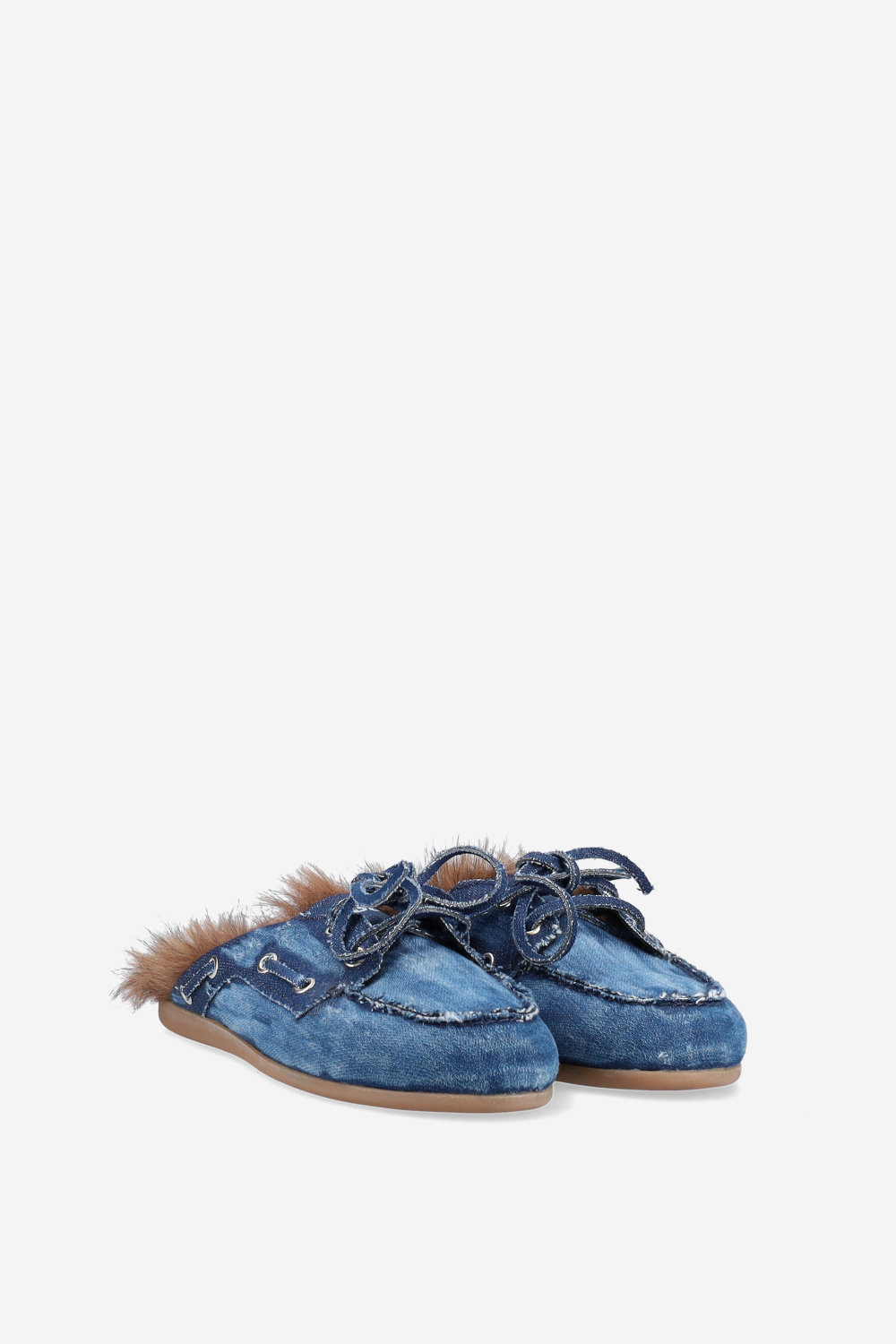 Fur hairy denim boat loafer mules