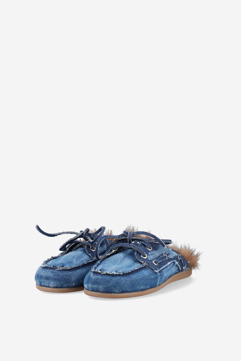 Fur hairy denim boat loafer mules