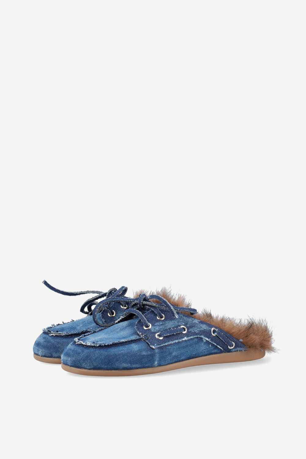 Fur hairy denim boat loafer mules