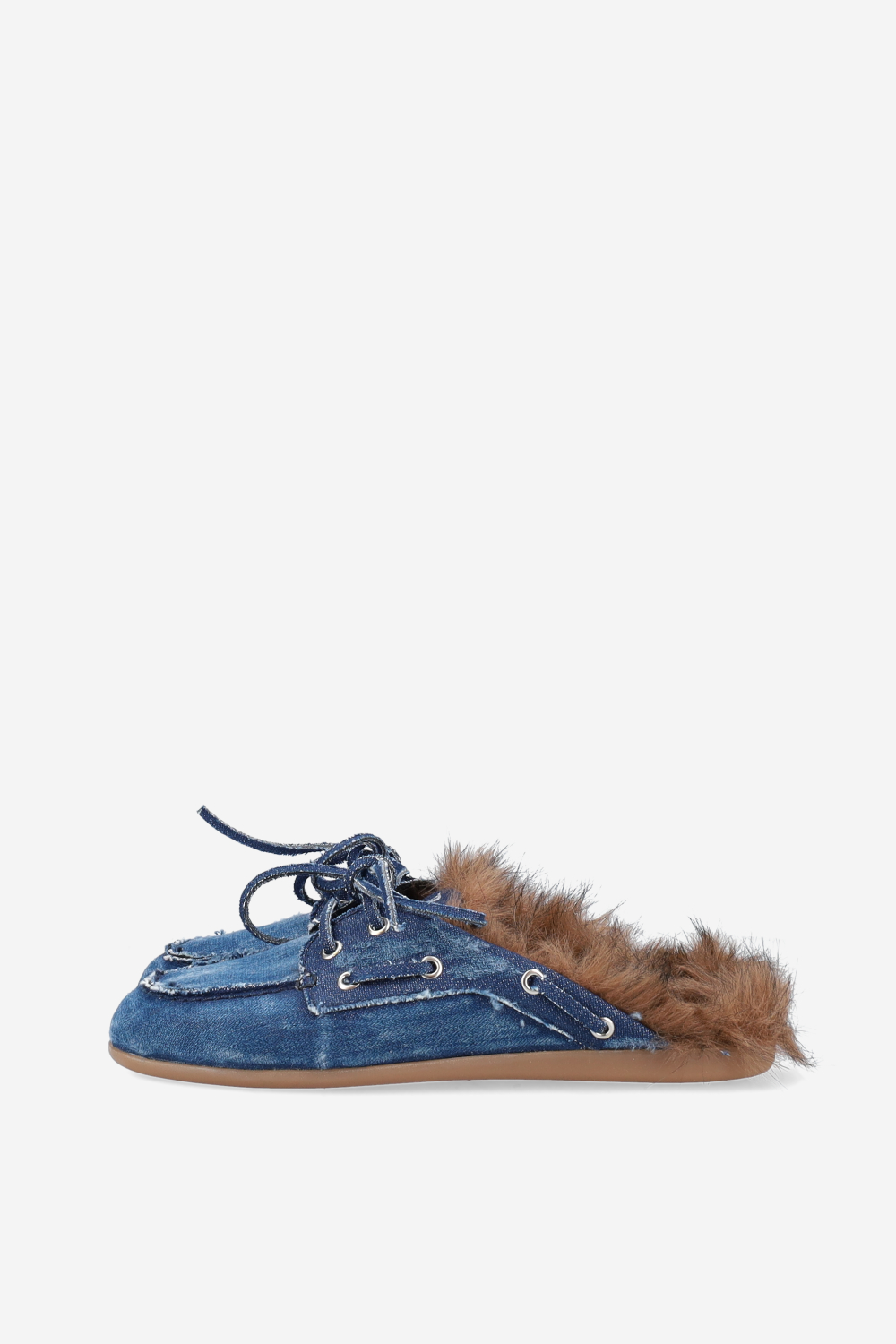 Fur hairy denim boat loafer mules