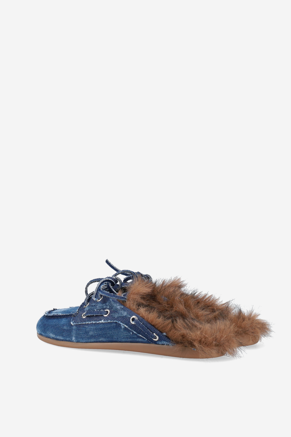 Fur hairy denim boat loafer mules