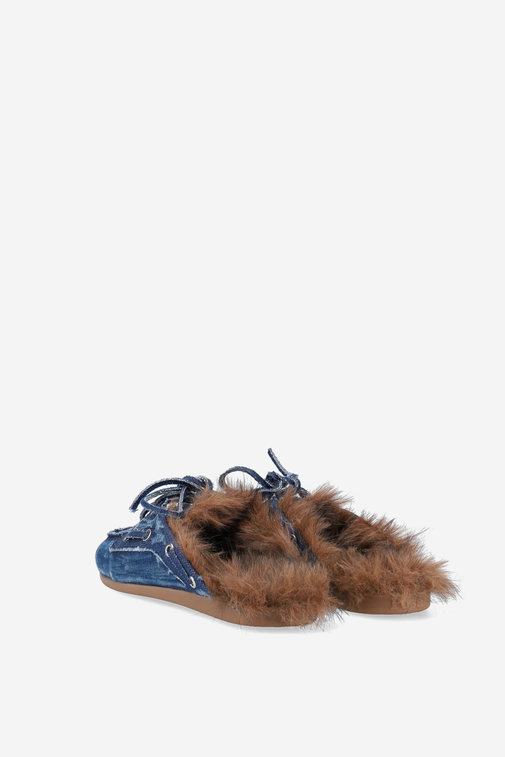 Fur hairy denim boat loafer mules