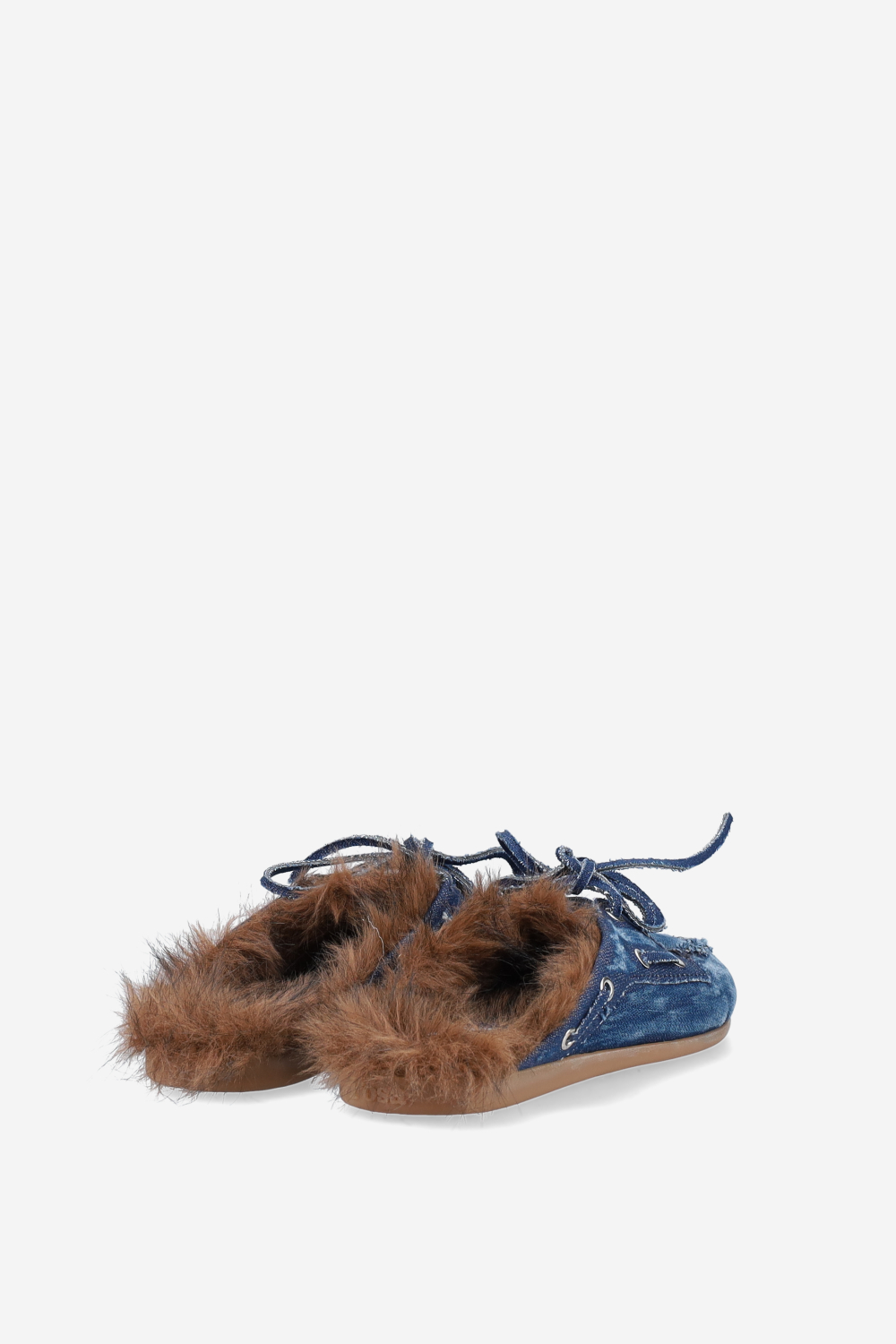 Fur hairy denim boat loafer mules