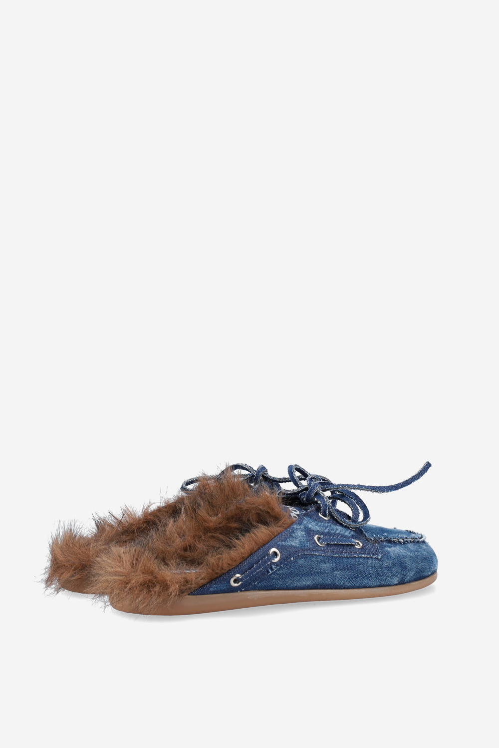 Fur hairy denim boat loafer mules