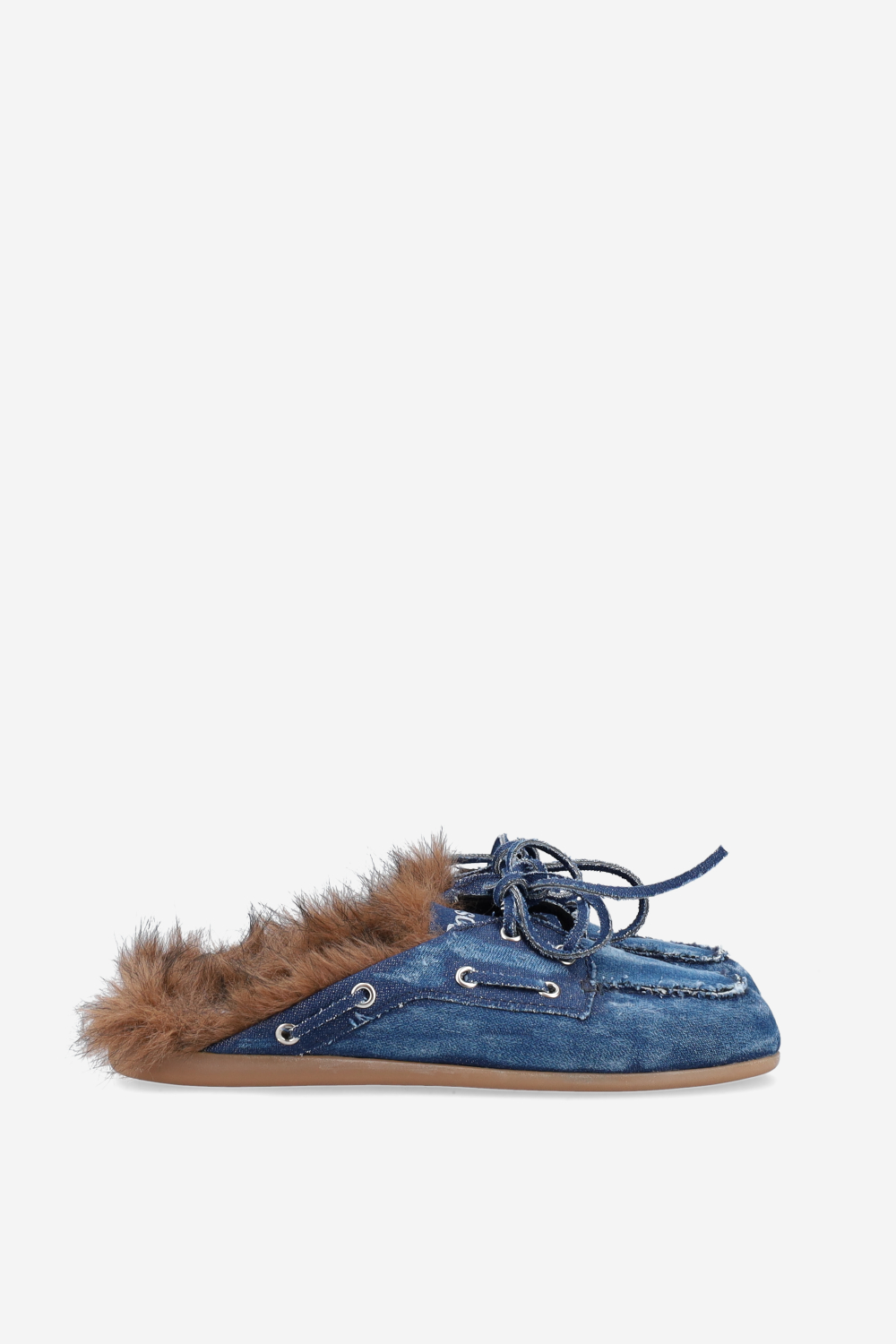 Fur hairy denim boat loafer mules