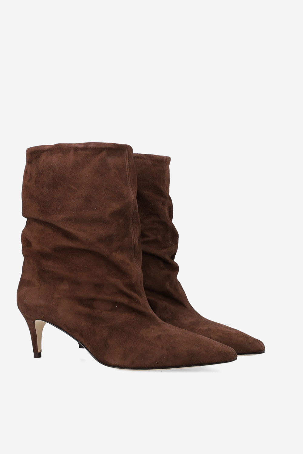 Pointed-toe draped suede ankle boots