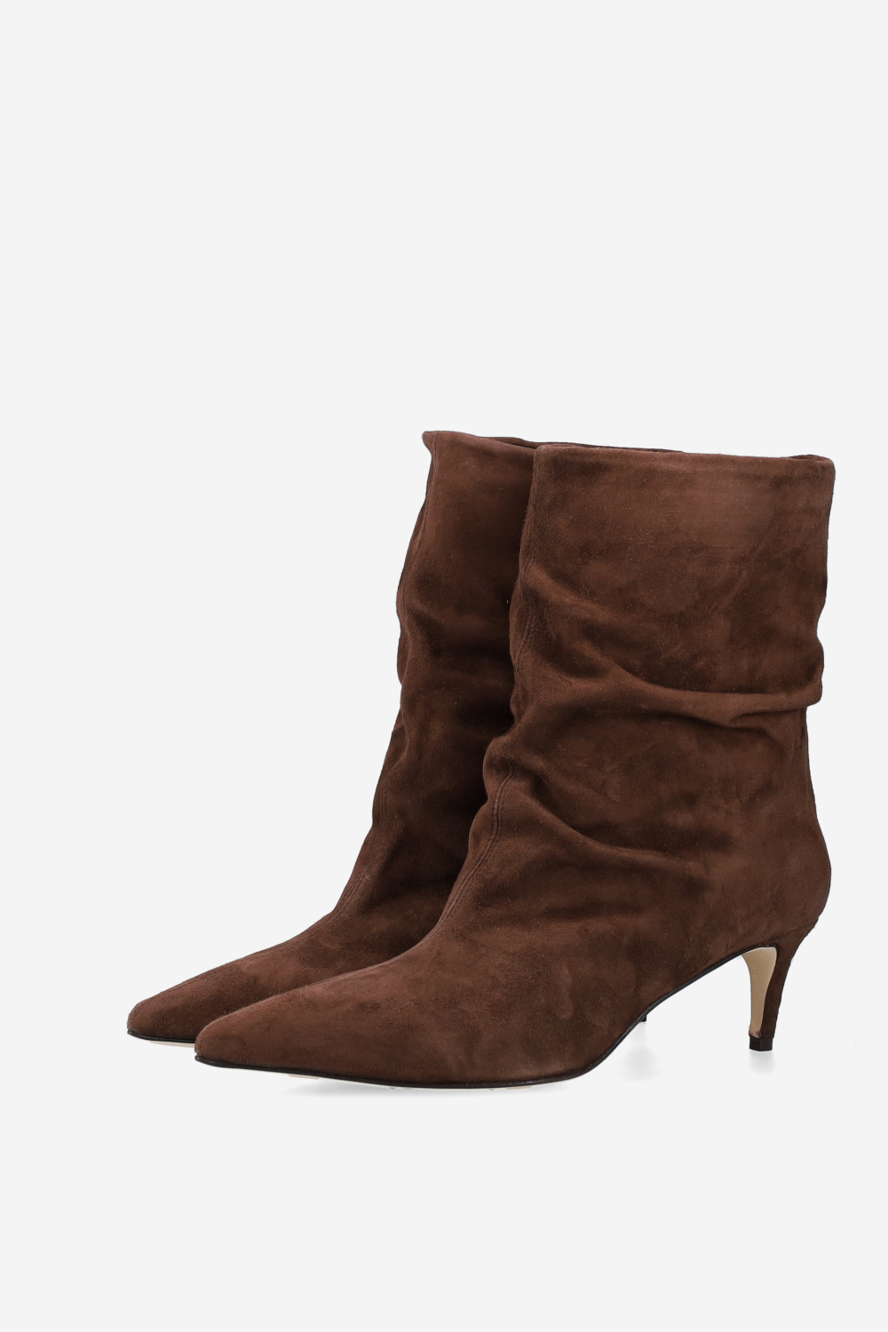 Pointed-toe draped suede ankle boots
