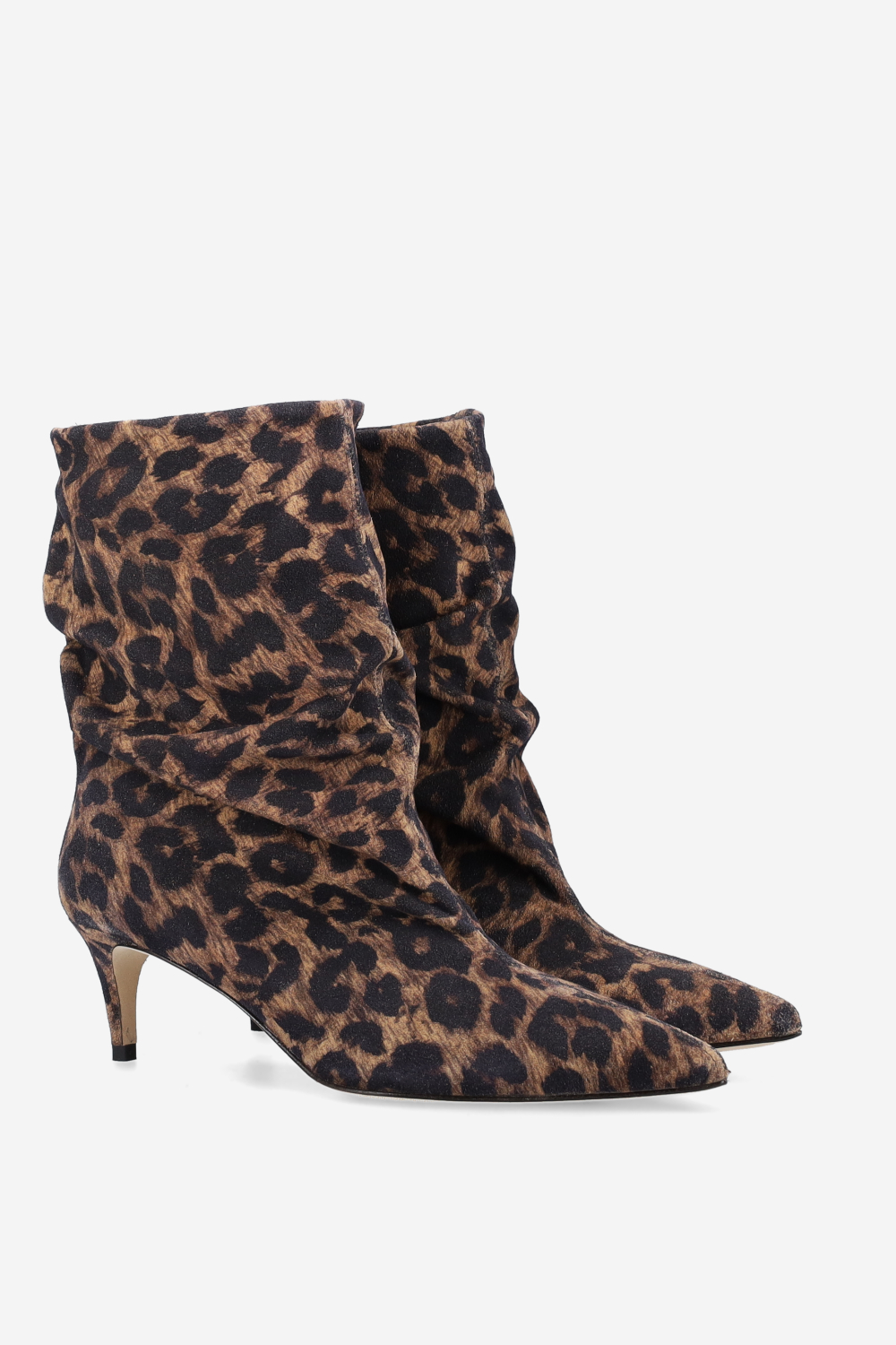 Pointed-toe draped suede ankle boots