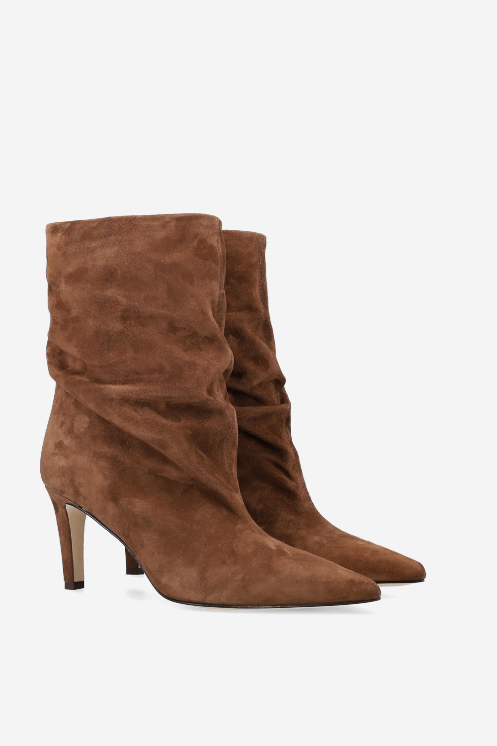 Pointed-toe draped suede ankle boots